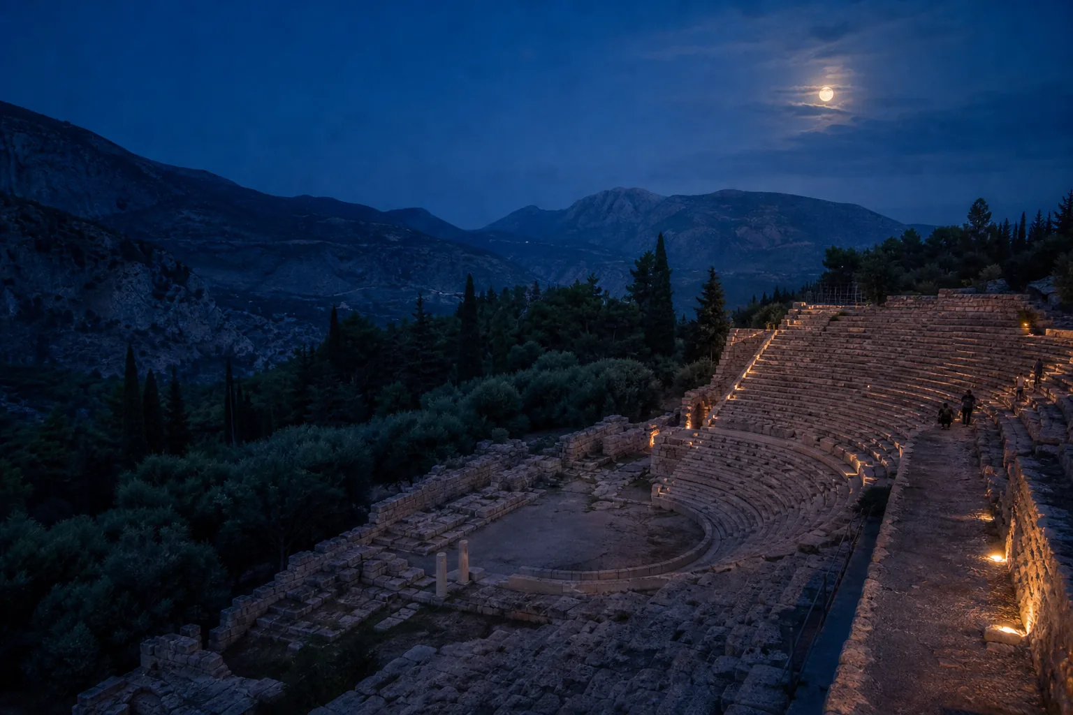 Editorial concept of an ancient Greek theatre beneath an August full moon